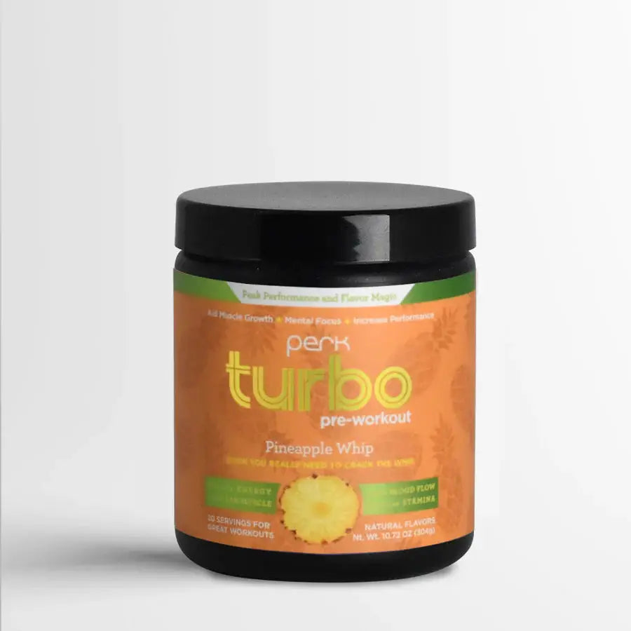 Turbo Original Pineapple Whip Pre-Workout by Perk Energy in a black container with orange label, offering 20 servings for energy and muscle recovery.