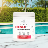 TYPE ZERO CLEAN AMINO BURN - Vegan BCAA + Pre-Workout in watermelon flavor, displayed poolside, ideal for clean energy and muscle recovery.