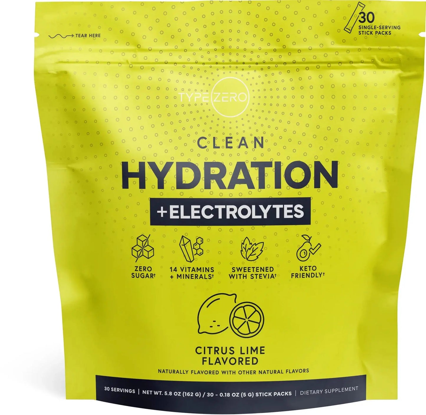 Front view of Clean Hydration + Electrolytes Citrus Lime pouch on a white background, highlighting product icons for zero sugar, vitamins and minerals, and natural ingredients.