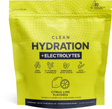 Front view of Clean Hydration + Electrolytes Citrus Lime pouch on a white background, highlighting product icons for zero sugar, vitamins and minerals, and natural ingredients.