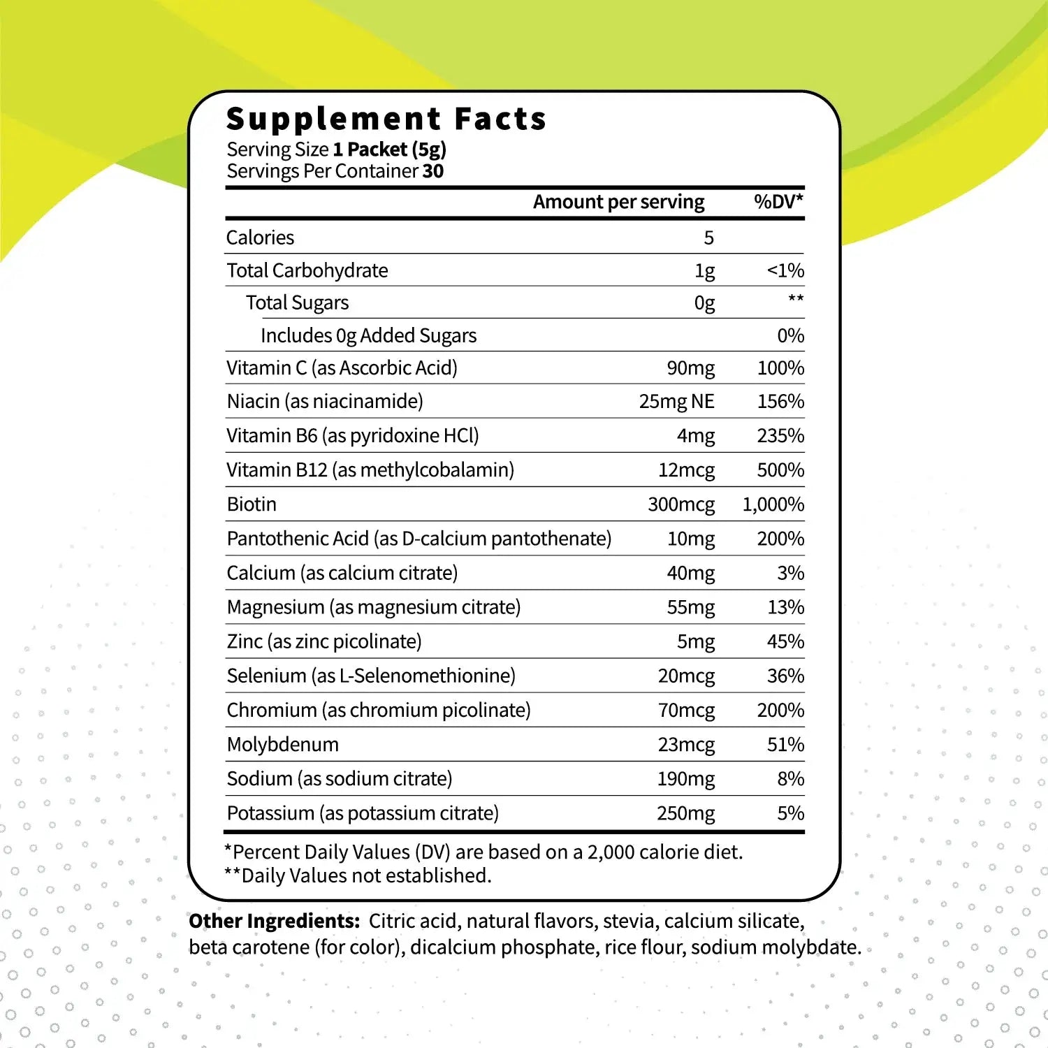 Nutrition facts label for Clean Hydration + Electrolytes Citrus Lime, listing detailed vitamin, mineral, and electrolyte content per serving.