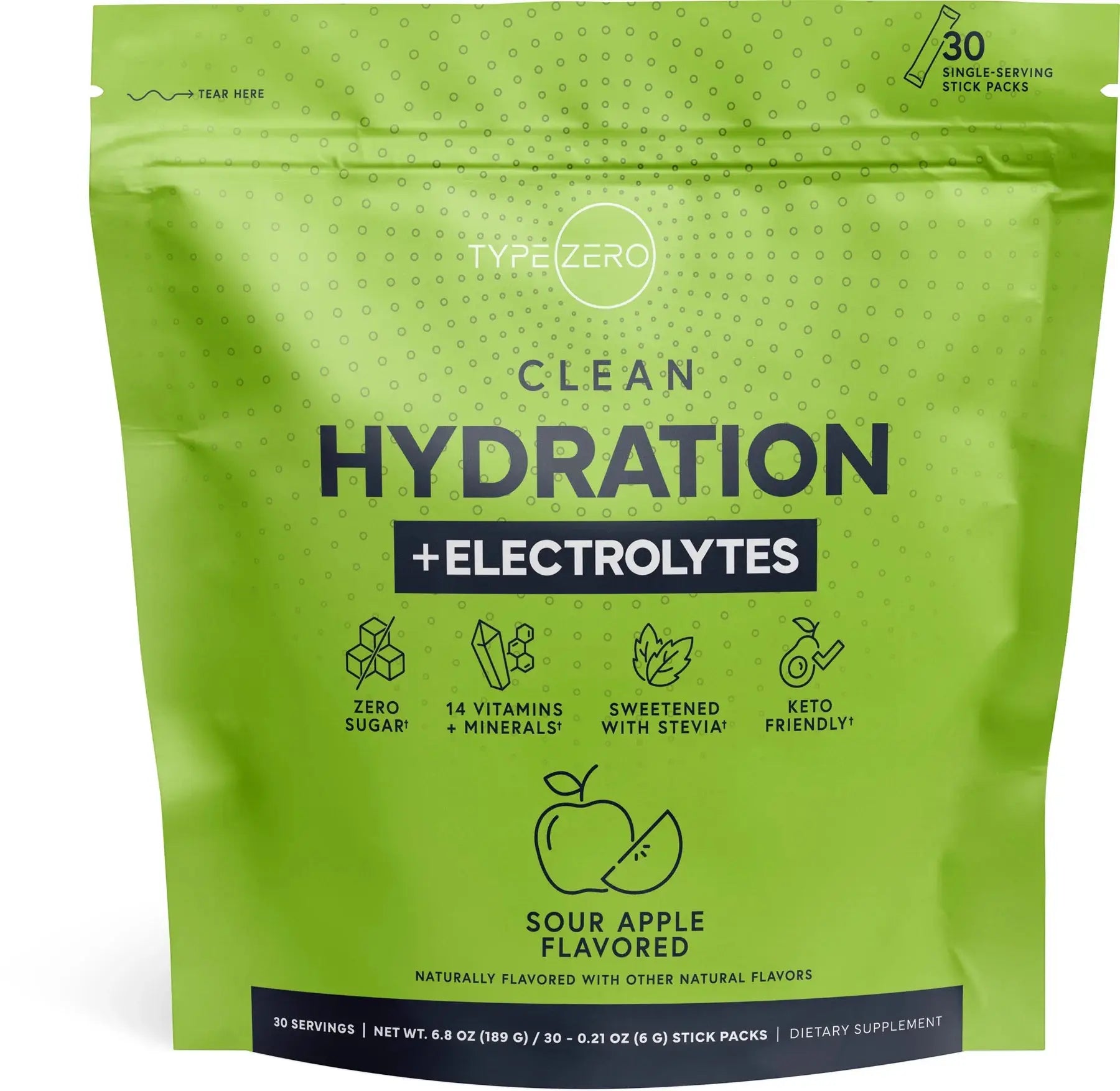 Front view of a green Hydration + Electrolytes supplement bag with icons highlighting zero sugar, vitamins and minerals, and natural flavors.