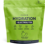 Front view of a green Hydration + Electrolytes supplement bag with icons highlighting zero sugar, vitamins and minerals, and natural flavors.