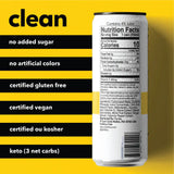 Tru Defense Sparkling Water nutrition label – clean label sparkling juice with 10 calories, 2g sugar, sweetened with monk fruit and stevia.

