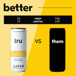 Tru Defense vs other sparkling drinks – low sugar, low calories, gluten free, vegan, no artificial sweeteners, healthier soda alternative.

