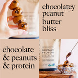 Close-up of chocolate peanut butter protein bites with a scoop of Truvani protein powder and the text: "Chocolate & peanuts & protein."