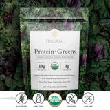 Truvani Protein+Greens plant-based protein powder with 10g protein and 1g sugar per serving, USDA Organic, gluten-free, dairy-free, soy-free, and non-GMO.