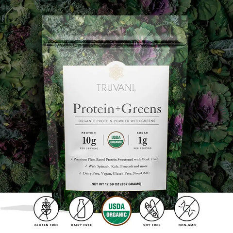 Truvani Protein+Greens plant-based protein powder with 10g protein and 1g sugar per serving, USDA Organic, gluten-free, dairy-free, soy-free, and non-GMO.