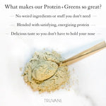 Scoop of Truvani Protein+Greens powder highlighting its clean ingredients, energizing protein blend, and great taste without artificial additives.