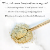 Scoop of Truvani Protein+Greens powder highlighting its clean ingredients, energizing protein blend, and great taste without artificial additives.