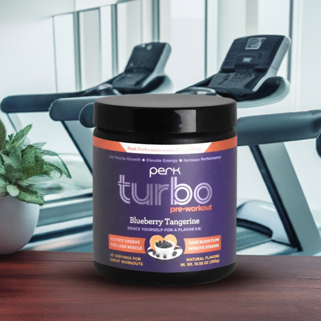 Velitearmor Perk Turbo Pre-Workout Blueberry Tangerine in gym setting, ideal for energy boost and endurance during cardio and strength workouts.
