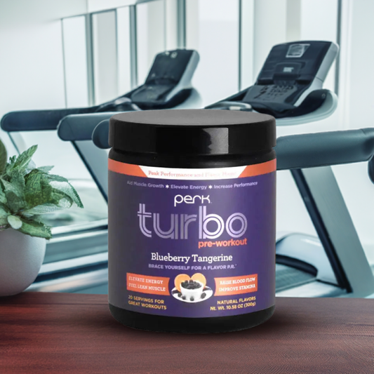 Velitearmor Perk Turbo Pre-Workout Blueberry Tangerine in gym setting, ideal for energy boost and endurance during cardio and strength workouts.