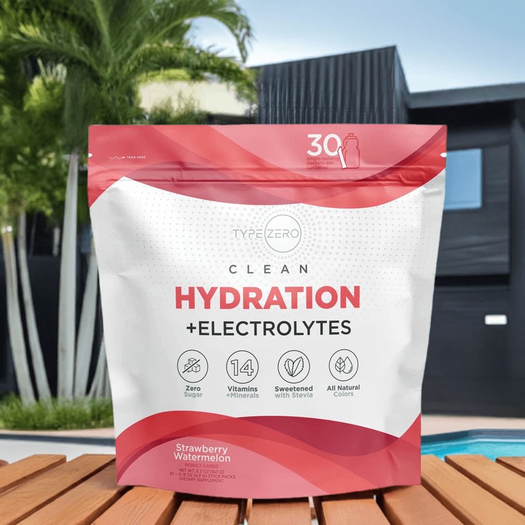 Type Zero Hydration Stick Packs in Strawberry Watermelon flavor displayed outdoors, promoting electrolytes and vitamins for optimal hydration.