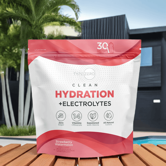Type Zero Hydration Stick Packs in Strawberry Watermelon flavor displayed outdoors, promoting electrolytes and vitamins for optimal hydration.