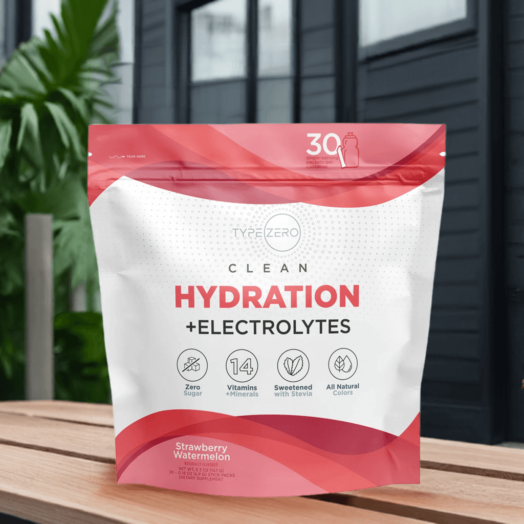 Type Zero Hydration Stick Packs with clean design on a wooden bench, highlighting zero sugar, 14 vitamins and minerals, and stevia sweetener.