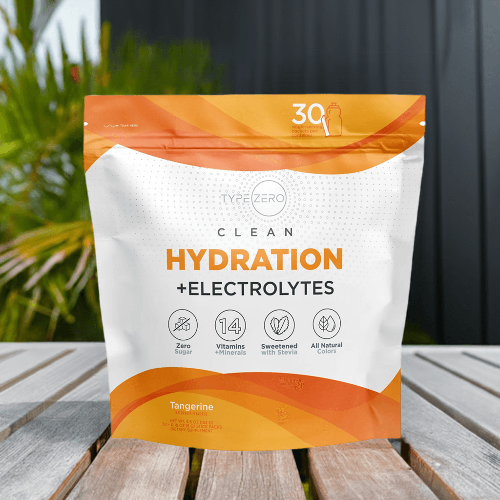 Type Zero Hydration Stick Packs Tangerine flavor pouch on outdoor table, promoting clean hydration with zero sugar and natural ingredients.