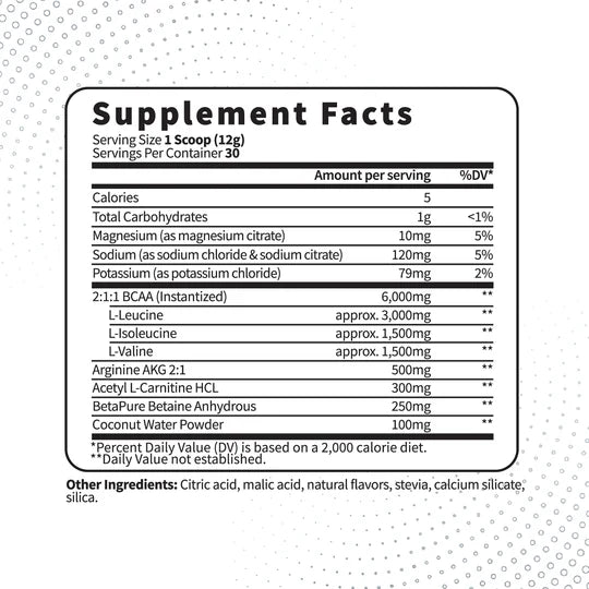 Supplement facts label of Type Zero BCAA Blackberry Lemonade showing amino acid content, electrolytes, and keto-friendly ingredients per serving.