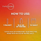Gradient background with step-by-step usage instructions for the hydration packet: "1. Shake, 2. Pour, 3. Mix & Enjoy" shown in white icons.