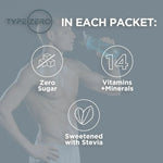 Graphic showing what's inside each packet: electrolytes, 14 vitamins and minerals, and zero added sugar, with a semi-transparent overlay of a person drinking water.