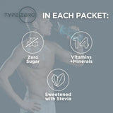 Graphic showing what's inside each packet: electrolytes, 14 vitamins and minerals, and zero added sugar, with a semi-transparent overlay of a person drinking water.