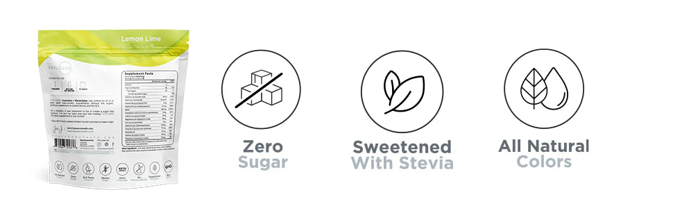 Back of Type Zero Hydration Stick Packs in Lemon Lime flavor with icons for zero sugar, stevia sweetener, and all-natural colors for clean hydration.