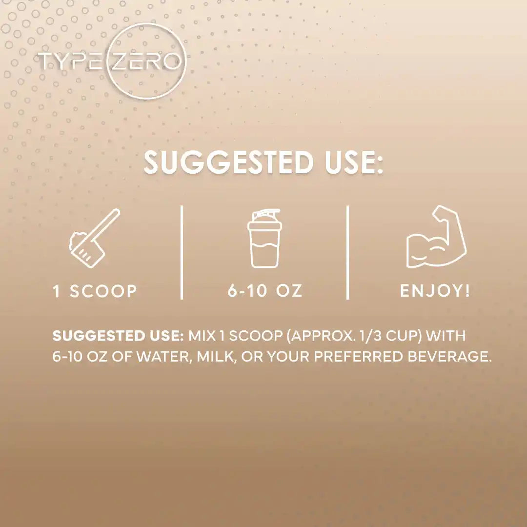 Suggested use for TypeZero Grass-Fed Whey Protein: mix 1 scoop with 6-10 oz of water or milk for clean, natural vanilla protein supplementation.
