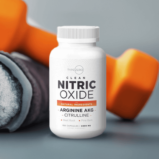 Type Zero Nitric Oxide Capsules with dumbbell and towel