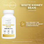 Type Zero Clean White Kidney Bean capsules with 6,500 mg per serving, featuring non-GMO, gluten-free, and third-party tested certifications. The label highlights that the supplement may prevent the absorption of select carbohydrates. The image has a gold-toned background with the Type Zero logo.