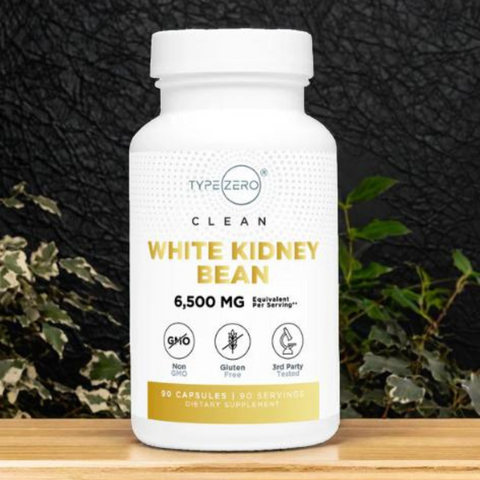 Type Zero Clean White Kidney Bean supplement bottle with 6,500 mg per serving, featuring non-GMO, gluten-free, and third-party tested certifications. The product is placed against a textured black background with green leaves