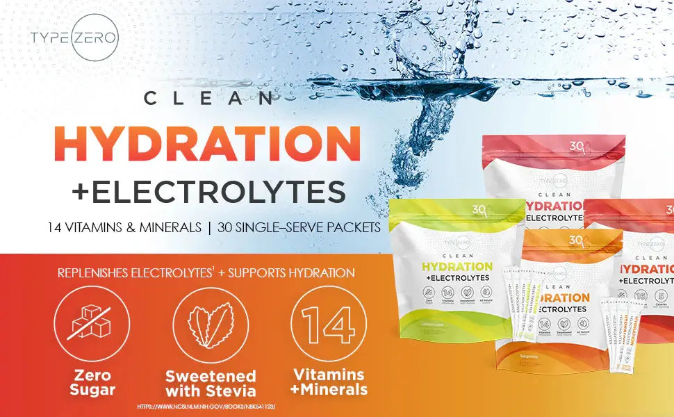 Marketing banner for Type Zero Hydration Stick Packs showcasing all flavors with benefits like electrolyte replenishment, vitamins, and zero sugar.