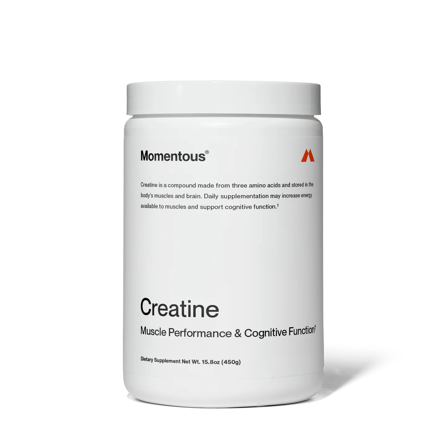Front view of Momentous Creatine container featuring minimalist design and product benefits for muscle and cognitive performance support.