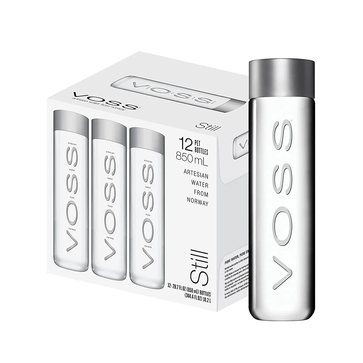 VOSS Still Water 850ml glass bottles in a retail box set of 12, showcasing premium minimalist packaging design.