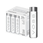 VOSS Still Water 850ml glass bottles in a retail box set of 12, showcasing premium minimalist packaging design.