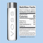 VOSS Still Water 850ml glass bottle next to a nutrition facts panel showing zero calories, sodium, and total fat, emphasizing purity.