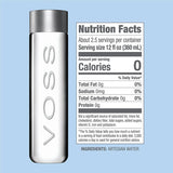 VOSS Still Water 850ml glass bottle next to a nutrition facts panel showing zero calories, sodium, and total fat, emphasizing purity.