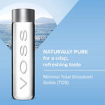 VOSS Still Water 850ml glass bottle with clean blue gradient background and text listing benefits like refreshing taste and premium hydration.