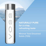 VOSS Still Water 850ml glass bottle with clean blue gradient background and text listing benefits like refreshing taste and premium hydration.