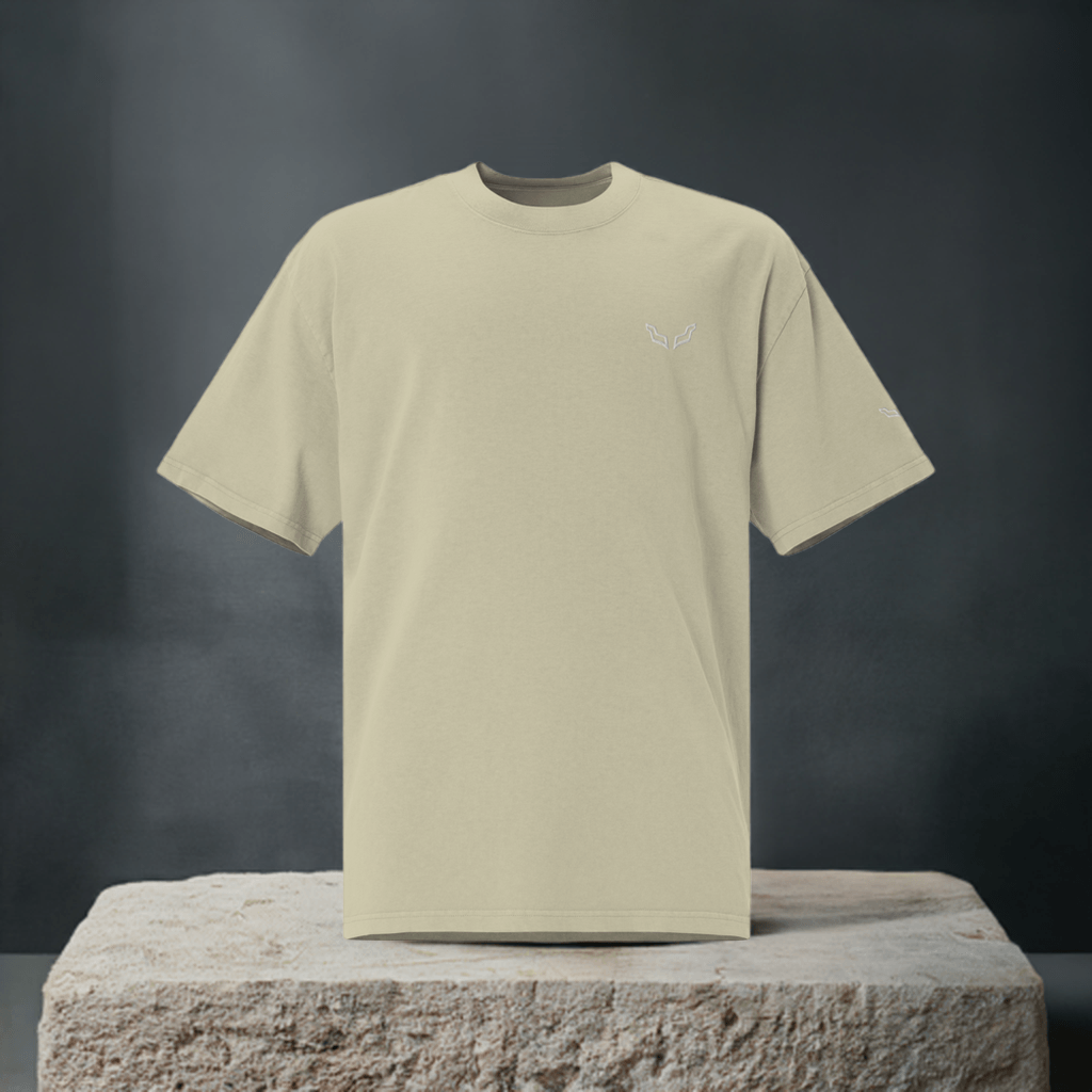 Velite Armor Oversized Embroidered Tee – Premium Heavyweight in sage green on stone pedestal, showcasing premium streetwear design.