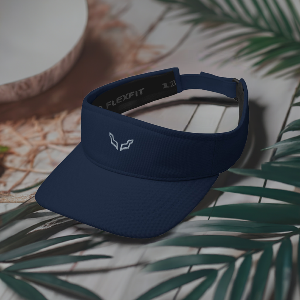 Velite Armor Performance Visor in navy blue with low-profile design and Flexfit adjustable strap, ideal for workouts and outdoor activities.