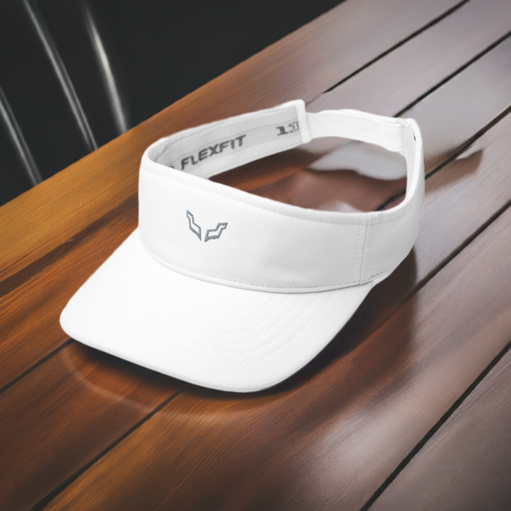 Velite Armor Performance Visor in white with low-profile design and Flexfit band, ideal for workouts, outdoor sports, and casual unisex wear.