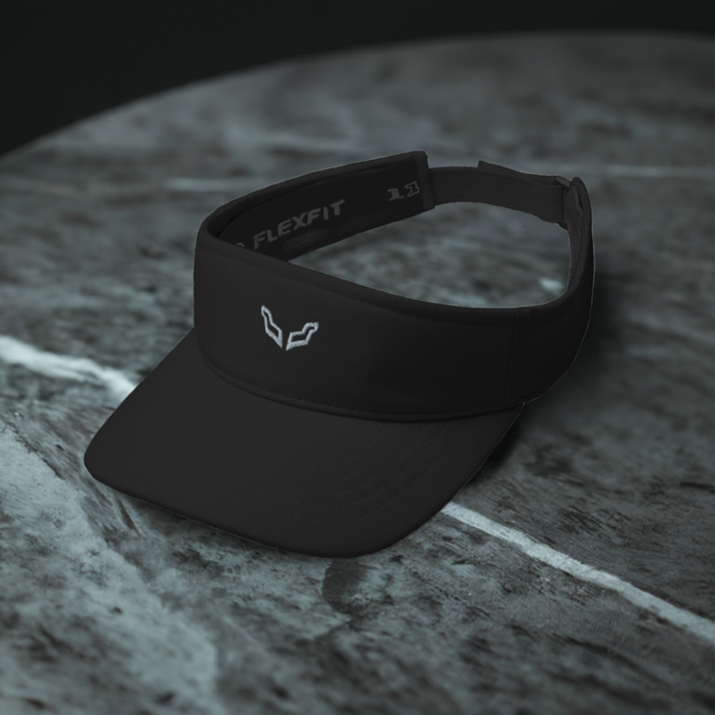 Velite Armor Performance Visor in sleek black with low-profile design, featuring embroidered logo and adjustable strap for versatile unisex wear.