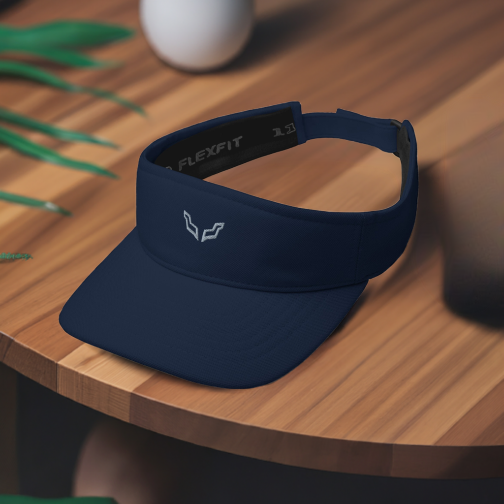 Velite Armor Performance Visor in navy blue with low-profile design and Flexfit adjustable strap, ideal for workouts and casual wear.