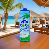 Tropical view of Vita Coco Original Coconut Water bottle on beachside deck, natural electrolytes drink.