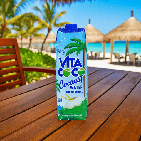 Vita Coco Original Coconut Water bottle placed on beach deck, natural hydration with tropical ocean backdrop.