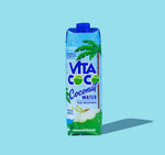 Vita Coco Original Coconut Water 1L Tetra Pak with blue cap on light blue background, pure natural hydration beverage.