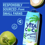 Vita Coco Coconut Water responsibly sourced from small farms, with green coconut and eco-friendly message.