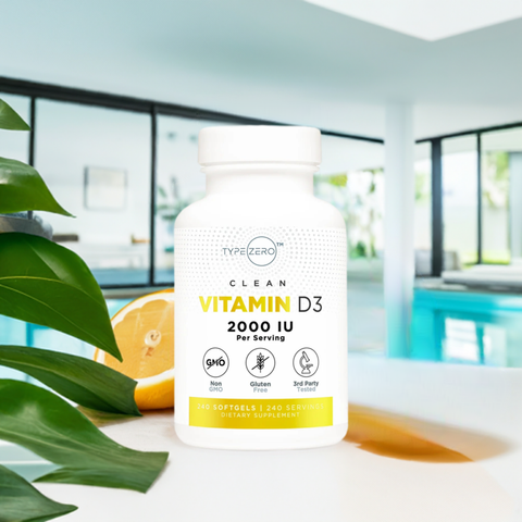 Vitamin D3 Softgels 2000 IU bottle by poolside