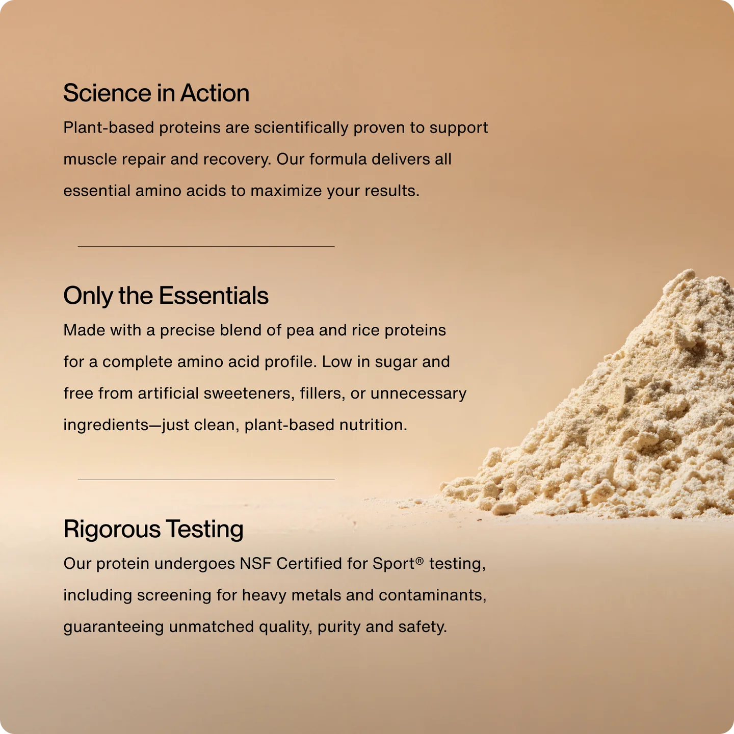 Close-up of Momentous plant protein powder with highlights on pea and rice protein blend and NSF Certified for Sport testing.