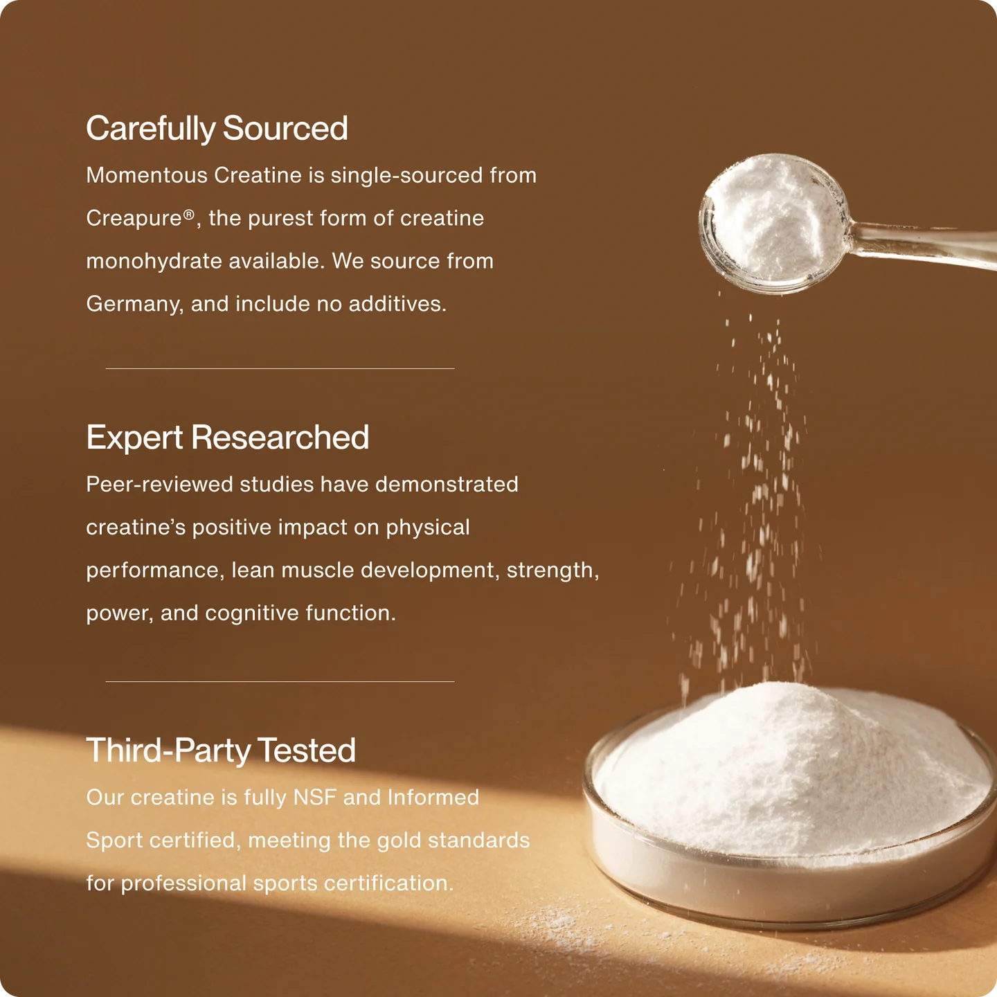 Scoop of Momentous Creatine powder with product benefits listed, including sourcing from Germany and third-party testing for quality assurance.