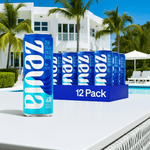 Zevia Kola Energy Drink – Zero Sugar, Zero Calories, 120 mg Caffeine in 12 oz cans, 12-pack displayed poolside with modern white villa background.